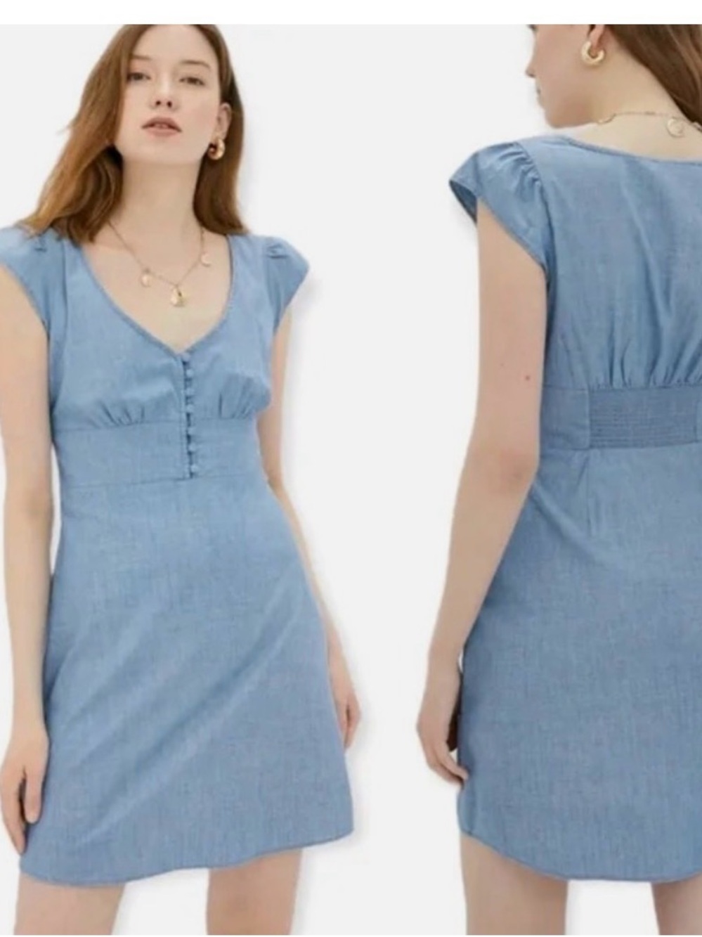 Banana Republic Blue Chambray Button-Front Mini Dress with Cap Sleeves